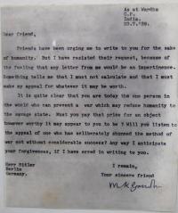 Una de las cartas que Gandhi le escribió a Hitler